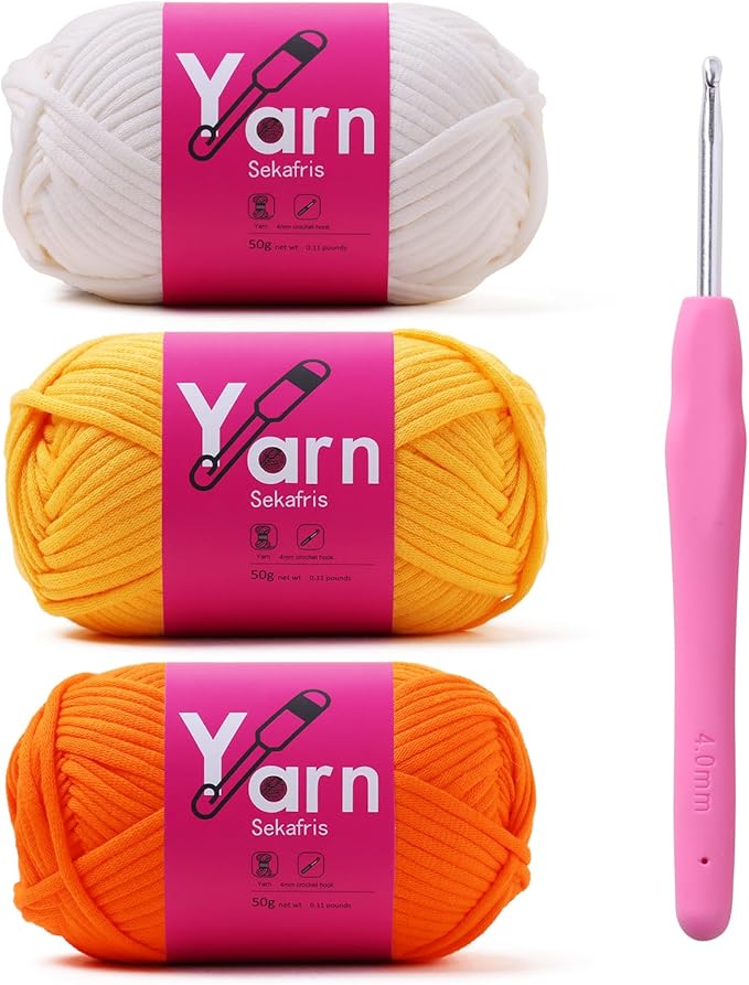 Crochet Yarn with Cotton Yarn for Crocheting - Crochet Knitting Yarn for Beginners with Easy-to-See Stitches - Yarns for Crocheting - Parfait Chunky Yarns(Golden Yellow+White+Orange Peel