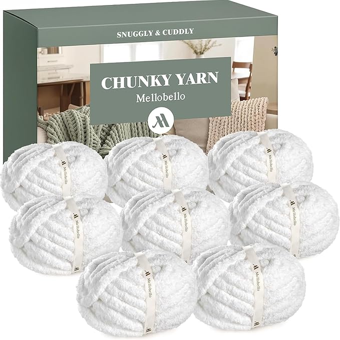 Jumbo Chenille Chunky Yarn for Crocheting - Super Bulky Fluffy Chunky Yarn for Hand Knitting - Extra Thick Soft Blanket Big Yarns 8 Jumbo Pack (27yds,8 oz Each Skein) Pure White