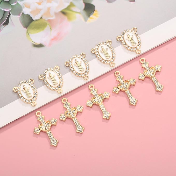 Jiali Q 20 Piece Set Rhinestone Cross Connectors and Pendants for Jewelry Making (Gold St.Benedict)