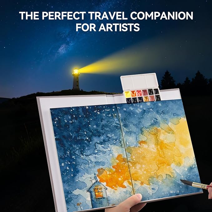Paul Rubens Travel Watercolor Sketchbook, 24 Sheet 140lb/300gsm 100% Cotton Acid-Free Hot Press Watercolor Journal with Glitter Effect (7.67"x5.31"), with 12-Color Travel-Size Artist Grade Water color