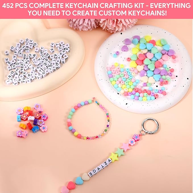 452 Pcs Keychain Making Kit Lip Gloss Bracelet Making Kit for DIY Crafts Supplies, Charms Friendship Bracelet Beads Keychain Rings Bulk, Jewelry Making Kit for Key Chain Gifts Birthday Christmas