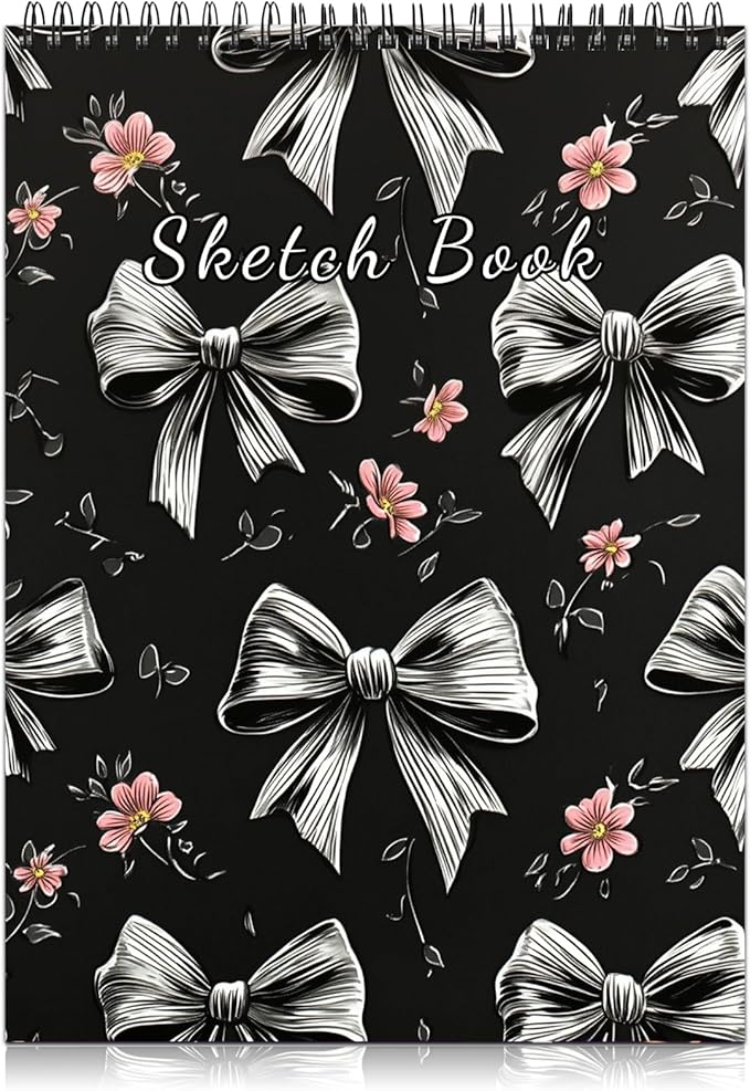 Deokke Sketchbook Top Spiral Bound Sketch Pad, 9 x 12 inch,100GSM Thick Paper,50 Sheets 100 Pages,Art Sketch Book Aesthetic Cute Drawing Writing Paper for Girls Women-Gray Bowknot