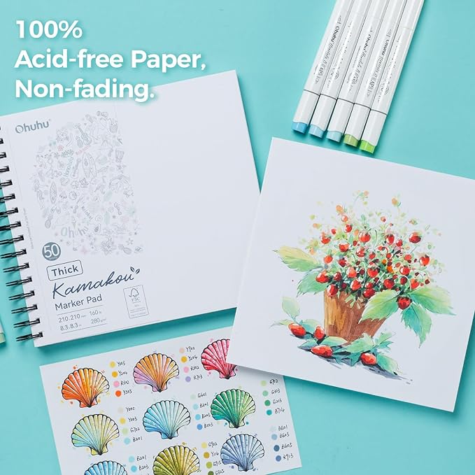 Ohuhu Double-Sided Bleedproof Marker Pad - 8.3"x8.3" Square Paper Size - 160 lb/280 gsm Heavyweight Smooth Drawing Paper - 50 Sheets/100 Pages - Spiral-Bound Sketchbook for Alcohol Markers