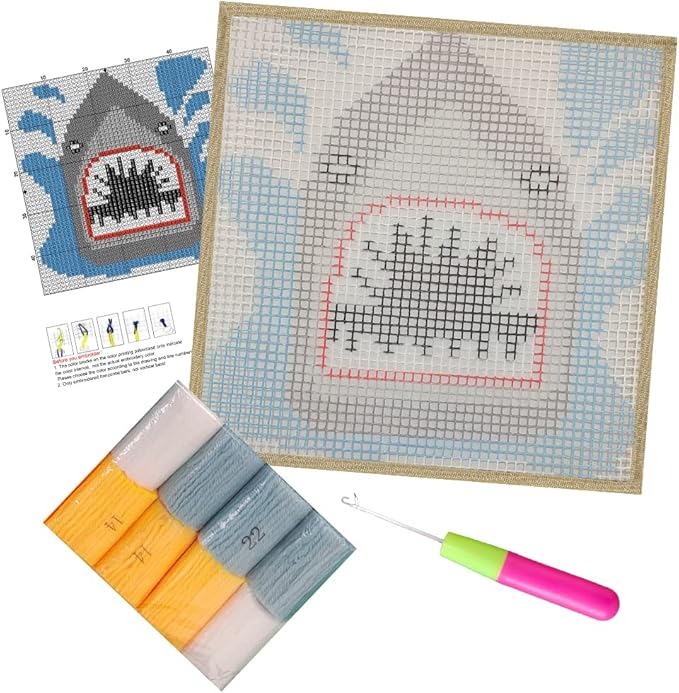 Numptain Latch Hook Kits for Adults,DIY Rug Crafts Shark Pattern Color Printed Canvas,Latch Hook Kits for Beginners Handmade Needlework Crafts Home Decoration,12"x12"