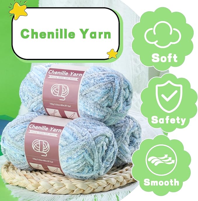 LUNARM Chenille Yarn for Crocheting Knitting, 3 Skein 10.58 oz / 263 Yard Thick Soft Chunky Fluffy Weaving Plush Yarn for Blankets Clothes Pattern with Big Eye Needles(Blue Gray Gradient)