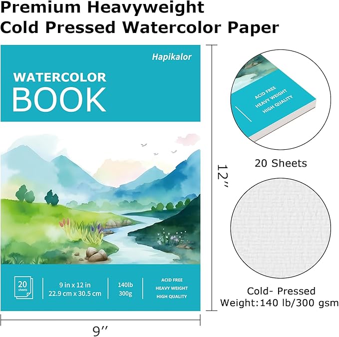 Hapikalor 2-Pack 9"x12"Watercolor Paper Pad, Teacher Classroom Must Have, Art Watercolor Paper, Arts & Crafts, Watercolor Pad for Finger Paint, Watercolor Pens, Teal