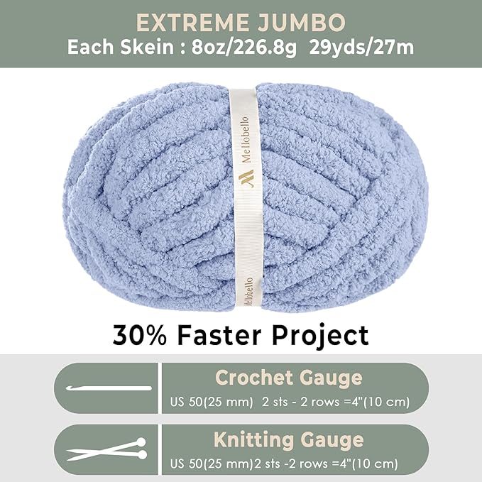 Jumbo Chunky Yarn for Hand Knitting - Super Thick Chenille Chunky Yarn for Crocheting - Extra Soft Bulky Fluffy Blanket Big Yarn 8 Jumbo Pack (27yds,8 oz Each Skein) Lake Blue
