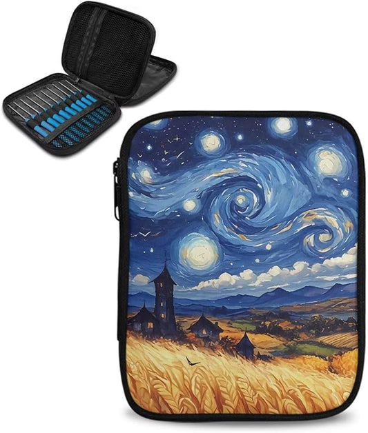 Hechitok Starry NightKnitting Needles Case Empty Zipper Bags Organizer Portable Travel Crochet Hook Storage Bag with Web Pocket for Carrying Various Crochet Needles