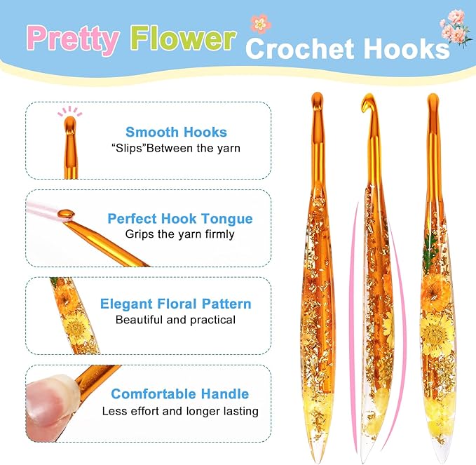 KOKNIT Ergonomic Crochet Hooks Set - 3 Sizes with Floral Resin Handles for Arthritis & Beginners, Comfort Grip for Hand Pain, Extended Soft Handle Design (Multicolor, 5-5.5-6mm)