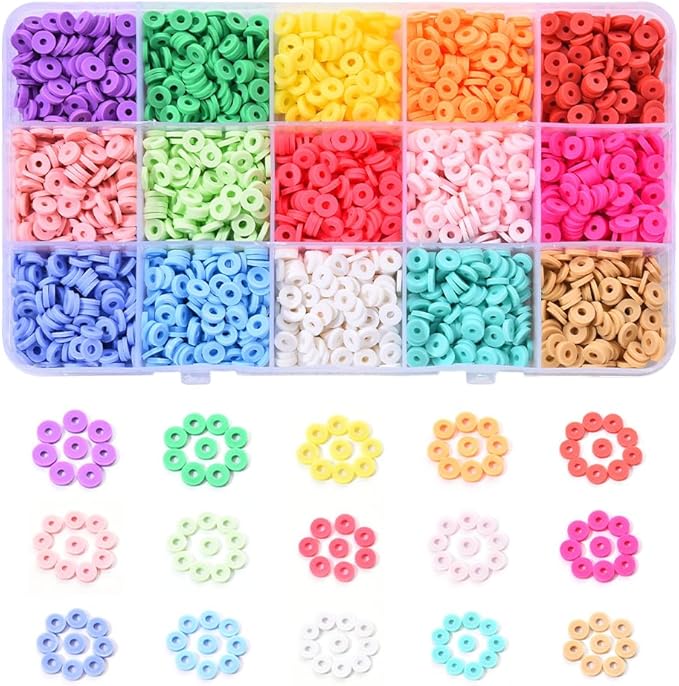 15 Colors 2250 Pcs Clay Beads Kit for Bracelets Making, Flat Round Polymer Spacer heishi Clay Beads for Craft and Jewelry Making