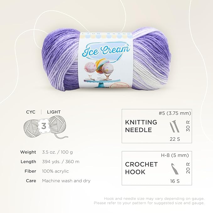 Lion Brand Yarn, Ice Cream Baby Yarn for Knitting, Crochet, and Crafts, Grape, 1 Pack, DK Weight Colorful Acrylic Fiber for Baby Blankets, Hats, and Sweaters