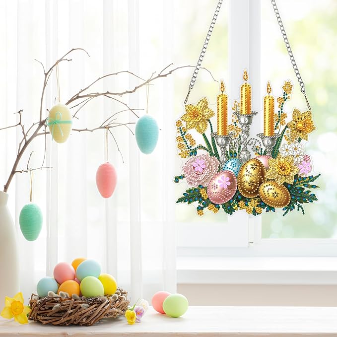 Easter Diamond Art Hanging Ornaments Kits for Adults, Candle Diamond Painting Pendant Kits, DIY Acrylic 5D Special Shaped Crystal Gem Art Painting Ornament for Home Wall Easter Decor Gift 8x8 Inch