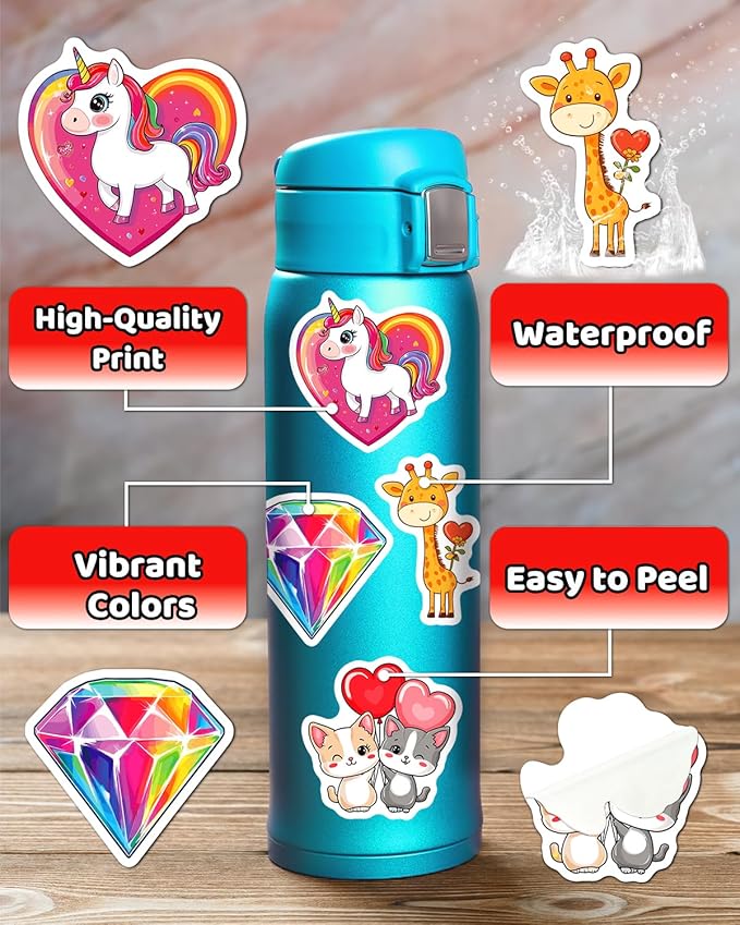 100pcs valentines stickers for kids, bulk heart stickers for valentines day gifts for kids classroom school exchange, vinyl decals, crafts, party favors, goodie bags decorations