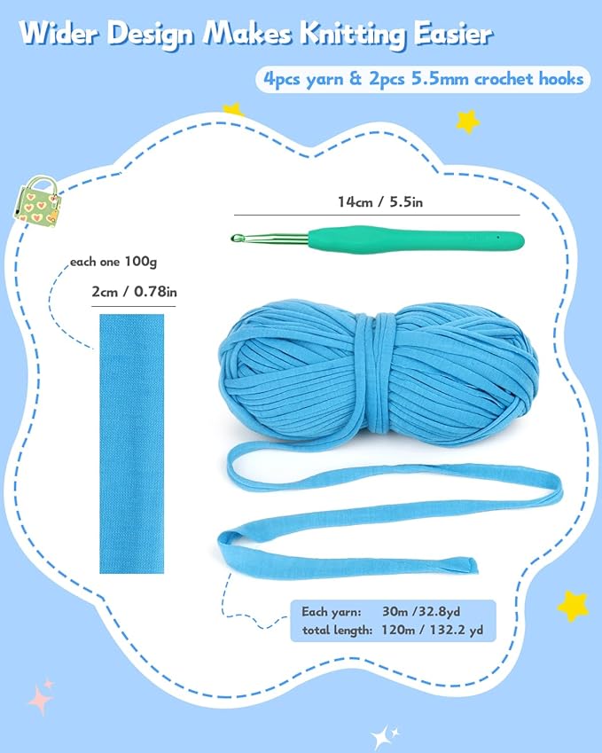 Katech 400g T-Shirt Yarn Set, 130 yds Elastic Fabric Yarn for Knitting Bag & Blanket Cushion Crocheting Projects, Spaghetti Yarn for DIY Knitting Handmade Decor w/ 2pcs Crochet Hooks (Blue)