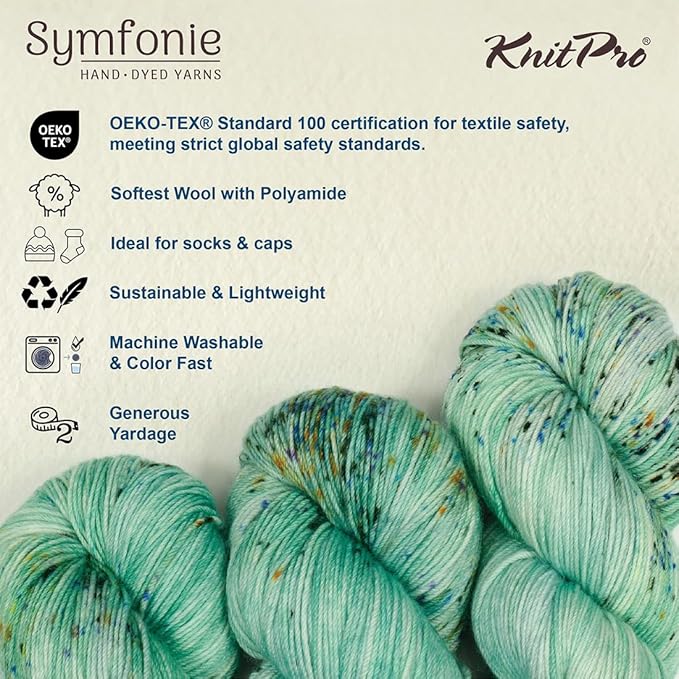 KnitPro Symfonie Fingering Weight Hand Dyed Variegated Yarn Skein | Extra Fine Merino Wool & Polyamide Blend for Knitting & Crocheting, Oeko-TEX Certified 400m, 100g | Terra Mint Sky