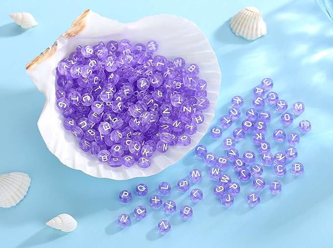 LAIDANLA 1500PCS Acrylic Letter Beads Alphabet White Letters Purple Transparent Round Bead 7×4mm for Jewelry Bracelets Necklaces Key Chains Making