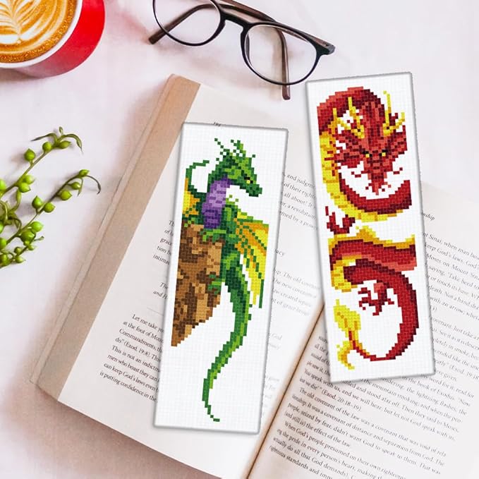 ORIGACH 6 Set Dragon and Loong Cross Stitch Bookmark Kit for Beginner with Backing Felt Floss Instructions DIY Stamped Embroidery Bookmark Kit for Adults, Book Lovers