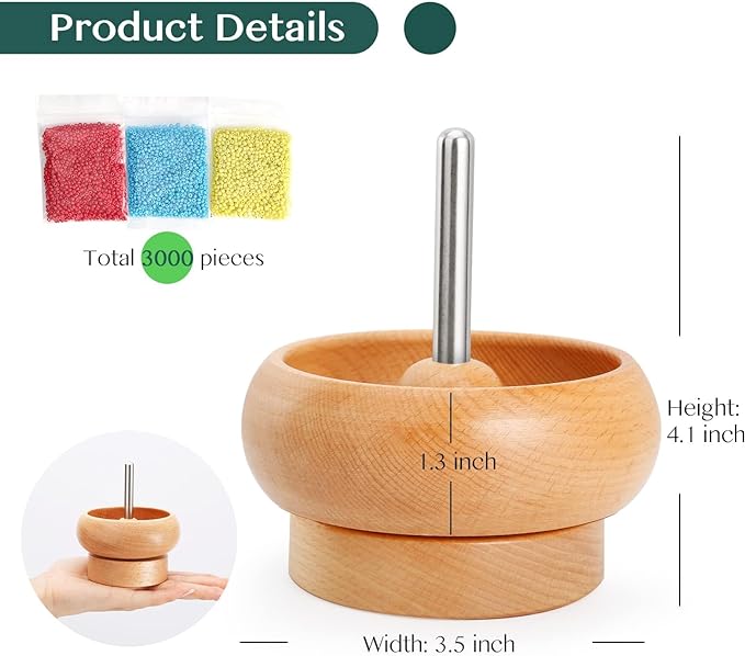 Tilhumt Bead Spinner for Jewelry Making, Effortless Rotating Wooden Clay Bead Spinner with 2 Big Eye Beading Needles and 3000 Seed Beads, Beading Supplies for Making Waist, Bracelets, Necklace
