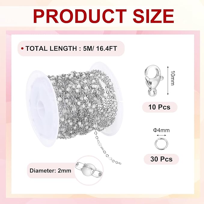 MECCANIXITY Stainless Steel Bead Chain, 16.4 Feet/5M Enamel Beaded Jewelry Link Cable Chains Spool Kit for Jewelry Making, Necklace, Bracelets, DIY Crafts (Silver/White, Pack of 1)