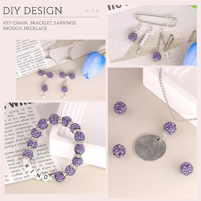 100 pcs 10mm Rhinestone Beads for Jewelry Making, Purple Shiny Round Shamballa Disco Beads Bulk, Sparkle Crystal Clay Christmas for Bracelet Baseball Necklace Earring Crafting and DIY