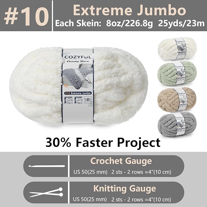 Chunky Yarn for Hand Knitting - #10 Chunky Chenille Yarn, Jumbo Big Thick Chunky Yarns for Crocheting, Super Bulky Chunky Knit Blanket Yarns, 8 Skein (25yd, 8oz/Skein), Cream&Sage&Khaki&Grey