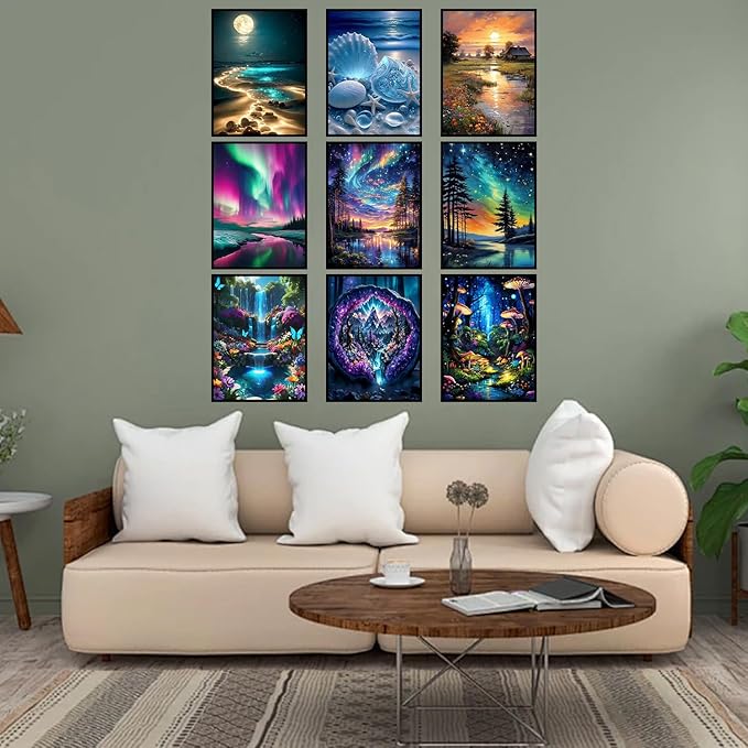 9 Pack Diamond Art Kits for Adults, Landscape Diamond Painting Kits for Adults, 5D DIY Round Drill Gem Art Paint With Diamonds Dots Crafts Ste for Home Decor Gift 12x16in (Beach, Starry Sky, Forest)