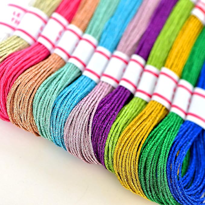 Embroidery Thread 8m Metallic Embroidery Floss 12Skeins All Purpose Assorted Muti-Colors Cross Stitch Tread Set for Craft Needlework Hand Embroidery Bracelets String DIY Craft