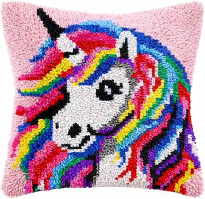 Fantasy Unicorn Latch Hook Kits for Adults Kids, Beginners DIY Throw Pillow Kit Pre-printed Pillowcase Hook and Latch Rug Kits Cross-stitch Cushion Cover for Home Sofa Decor Gift Idea 17x17 inch
