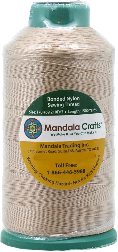 Mandala Crafts Bonded Nylon Thread Cream Heavy Duty Sewing Threads - 1500 YDs Size 69 210D T70 Tex 70 Thread for Leather Jeans Weaving Outdoor Marine Upholstery Threads