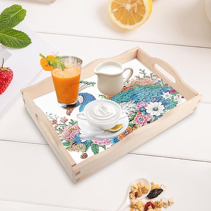 AiYuanzsh 5D Diamond Art Tray with Handle for Adults DIY Diamond Art Plate Kits Peacock Picture Diamond Art Painting Dinner Plate for Coffee Living Room Home Organizer Parties Family Gatherings