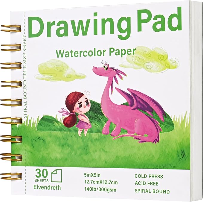 Elvendreth Water Color Paper Pad 5x5 Inch 30 Sheets Cold Press Paper (140lb/300gsm), Spiral Bound/Tear Line Watercolor Sketchbook for Smaller - Sized Exercises or Travel for Art Drawing Supplie