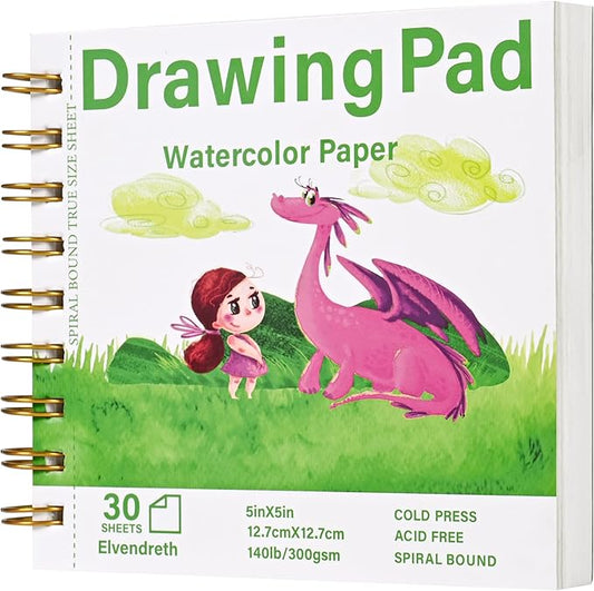 Elvendreth Water Color Paper Pad 5x5 Inch 30 Sheets Cold Press Paper (140lb/300gsm), Spiral Bound/Tear Line Watercolor Sketchbook for Smaller - Sized Exercises or Travel for Art Drawing Supplie
