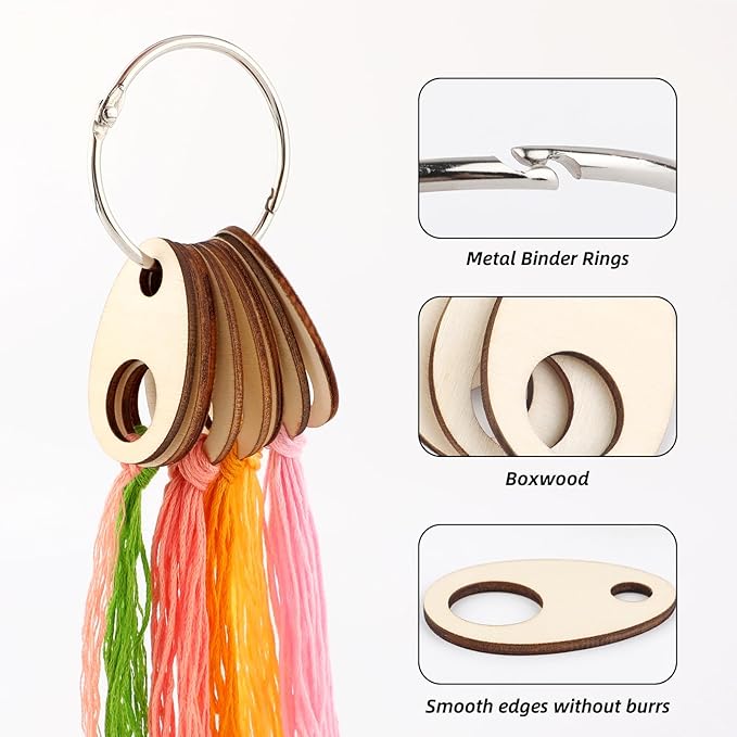 101pcs Wooden Thread Drops,1.97x1.38 Inch Teardrop Embroidery Floss Organizer with Floss Ring Cross Stitch Bobbins for DIY Sewing Storage,Craft Supplies(Style A)