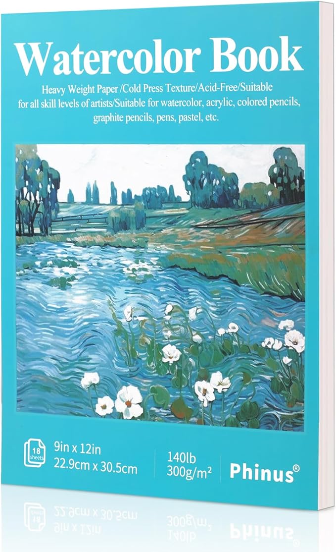 Phinus 18 Sheets Watercolor Paper 9x12 Inch, Cold Press Watercolor Sketchbook (140lb/300gsm), Tape Bound Watercolor Paper Pad for Adults Kids, Mixed Media, Markers and Art Journaling