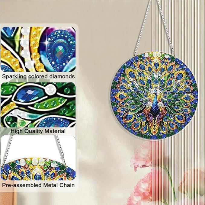 JBTM24 9.8x9.8 inch Hanging Diamond Art Pendant Kits, Double Sided Diamond Painting Hanging Sign with Chain, Special Shaped Crystal Art Ornament (Peacock)