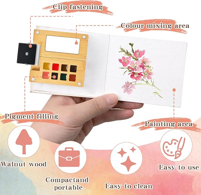 Mini Watercolor Paint Set - Mini Travel Watercolor Palette Set, Pocket Water Color Paint Palette Kit with 12 Colours, Sketchbook, Pens, Wooden Paints Box for Painters Artists