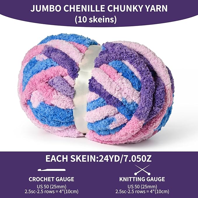 10 Pack Jumbo Chunky Yarn for Hand Knitting, Fluffy Variegated Chunky Chenille Yarn for Crocheting, 240yds/70.5oz Super Bulky Soft Crochet Baby Blanket Yarn(Blue-Pink-Purple)