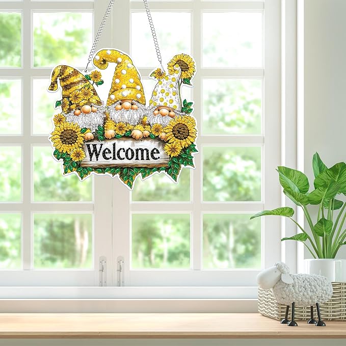 Bowetile Hanging Diamond Art Gnomes Kits for Adults, 5D Special Shape Diamond Painting Welcome Sign Gnomes Kits, Diamond Gem Art Suncatchers Painting Ornament for Home Garden Wall Decor