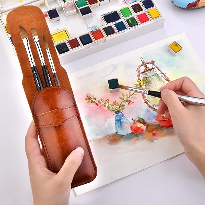 Sable Travel Watercolor Brushes, Fuumuui 4pcs Kolinsky Sable Watercolor Travel Brushes with Leather Pouch - Fine Point Rounds Dagger Flat for Watercolor Gouache Ink Painting