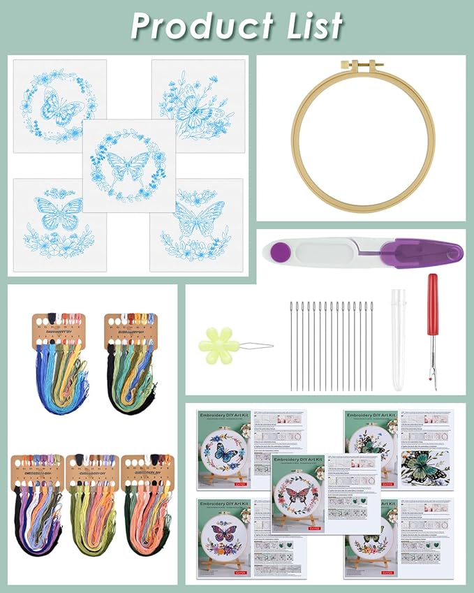 ERKOON 5 Sets Embroidery Kit for Beginners (Butterfly and Flower)