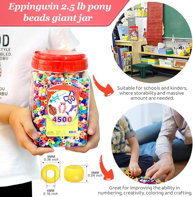 eppingwin 4500pcs wholesale large pony beads (6x9 mm) bucket, easy storage kandi bead bulk, beads for jewelry making crafts (multi-colored,2 pack)