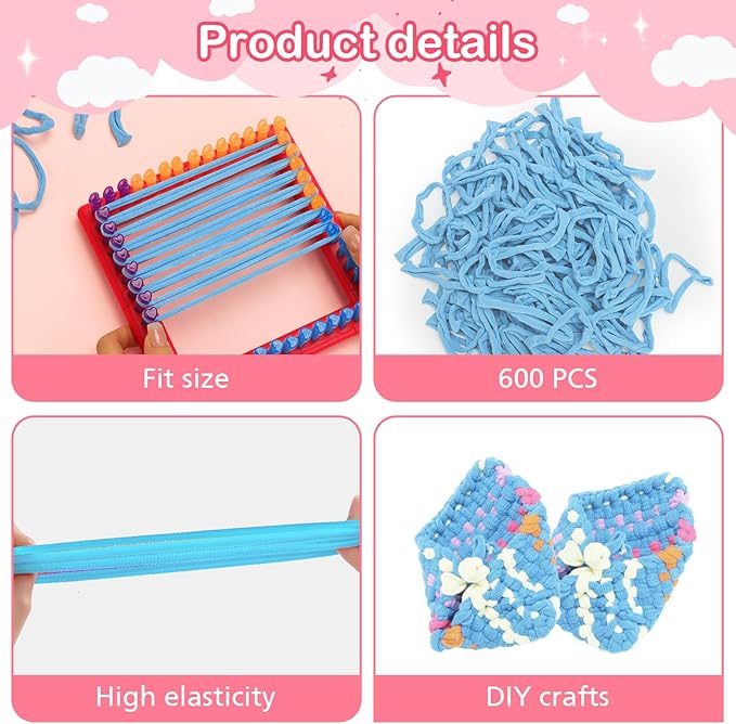 SUGORER 600 PCS Weaving Loom Blue Potholder 7" inch Elastic Themed Potholder Weaving Loops Loom Knitting Loops Weaving Flexible Loom Kit Elastic Ideal for Girls Ages DIY Crafts Supplies