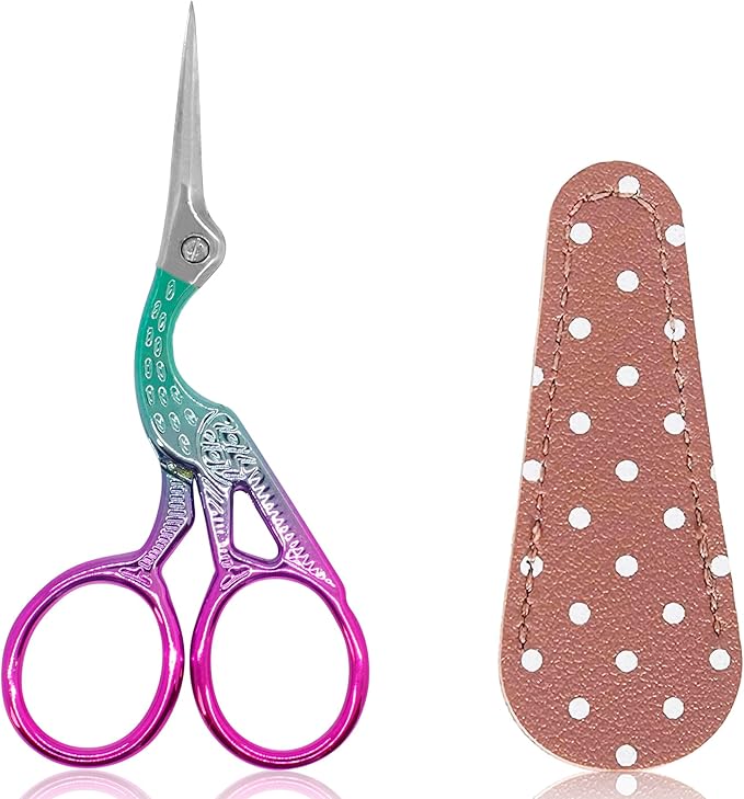 BIHRTC 3.6 Inch Small Crane Precision Detail Scissors Protective Leather Cover Stainless Steel Sharp Tip Needlepoint Scissors for Sewing Crafting Embroidery Scrapbooking