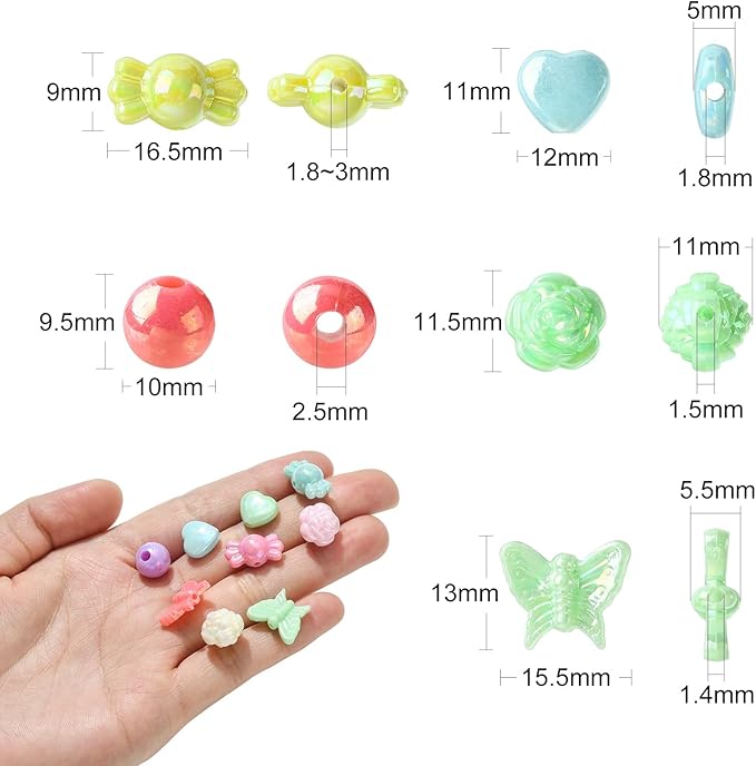 Ipotkitt 1 Box AB Color Opaque Acrylic Beads Candy Color Spacer Bead Kit Round Heart Butterfly Candy Rose Beads for Bracelets Jewelry Making DIY Crafts