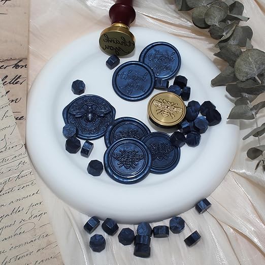 Wax Seal Beads Kit - 300pcs Navy Blue Sealing Wax Beads with Wood Melting Warmer, Spoon & 10 Mini Candles for Stamp Seals, Wedding Invitation, Envelope, Cards, Gift Wrapping Decorations