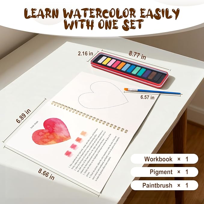 Valentine's Day Watercolor Workbook for Adults, Beginner Friendly Watercolor Painting Kit Pattern Water Coloring Book, Valentines Themed Practice Art Gift Water Color Paint Book with Palette Brush