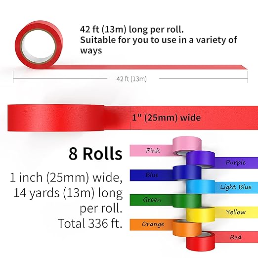 Colored Masking Tape, Color Painters Tape for Kids, 8 Rolls 1 inch Wide x 14 Yards Each, Colorful Paper Tapes Rainbow Colors for Labeling Packing, Painter Tape Variety Pack, Craft Tape