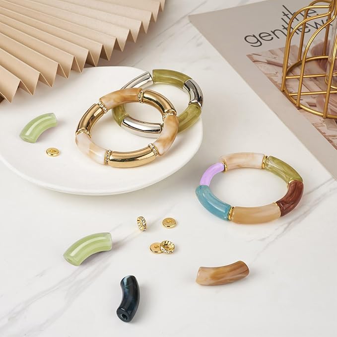 60Pcs Chunky Tube Beads with Rondelle Brass Rhinestone Spacer Beads & Elastic Thread & Plastic Tube Beads, Imitation Gemstone Curved Acrylic Tube Beads for Bamboo Bangles Bracelet Jewelry Making