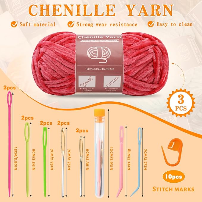 LUNARM 3 * 100g Chenille Yarn, Yarn for Crocheting Knitting with Big Eye Needles, Handcrafts Weaving Soft Chenille Yarn for Making Blankets, Clothes, Pattern Knitting Creations (Bright Red)