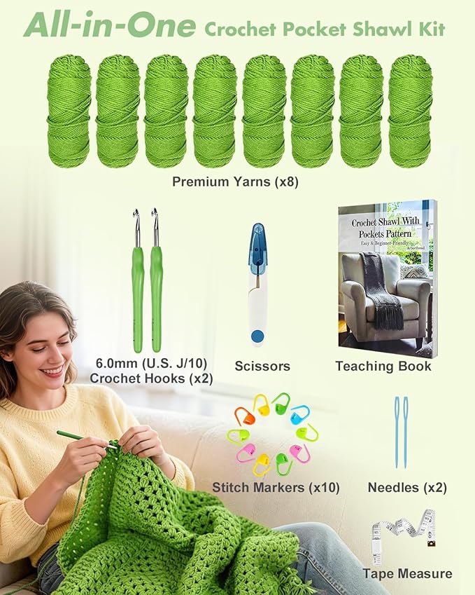 Arborthread Crochet Kit for Beginners, Easy Pocket Shawl & Scarf Crochet Kit for Adults w/Ample Premium Yarn to Fit Different Sizes, Step-by-Step Video & Instructions, Green